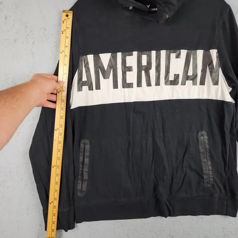 American Eagle Hoodie Mens Medium Black Active Flex Lightweight Sweatshirt Logo